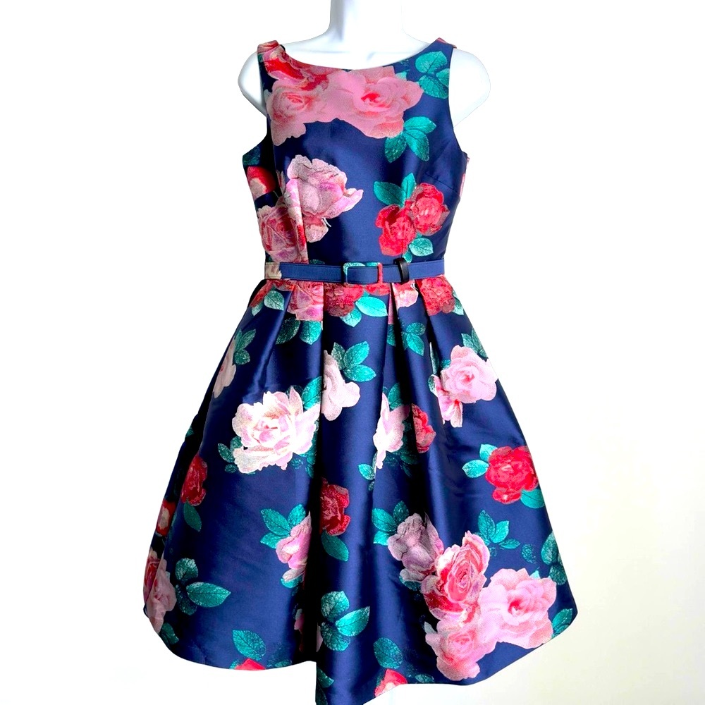 Eliza J Navy Dress with Vibrant Floral Design